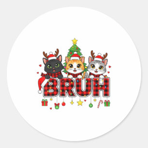 Cat Christmas Light Reindeer Santa Bruh Funny  Classic Round Sticker