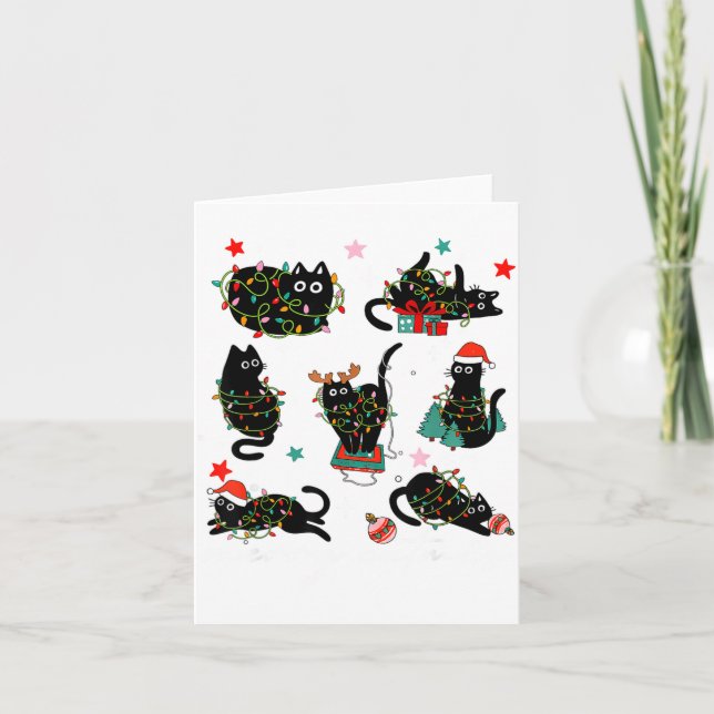 Cat Christmas Light Reindeer Santa Christmas Cat L Card (Front)