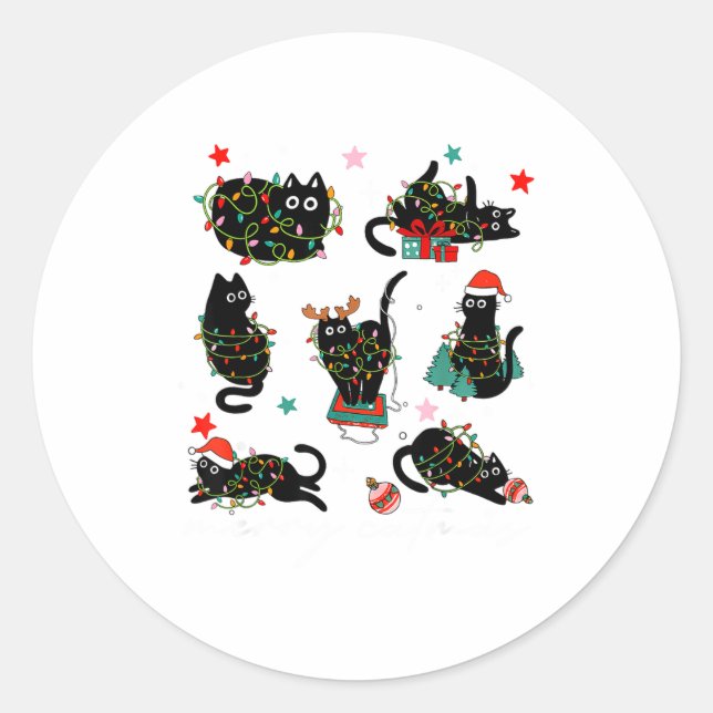Cat Christmas Light Reindeer Santa Christmas Cat L Classic Round Sticker (Front)