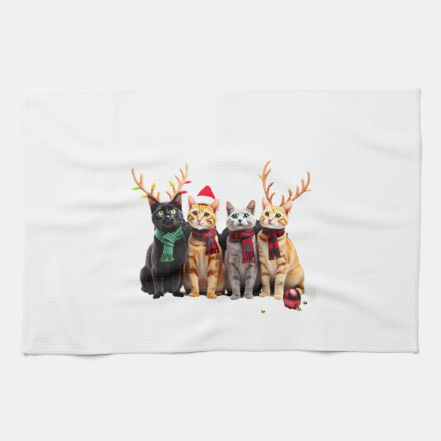 Cat Christmas Light Reindeer Santa Christmas Cat L Kitchen Towel (Horizontal)