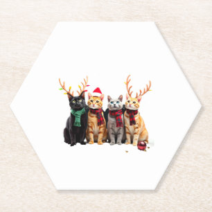 Cat Christmas Light Reindeer Santa Christmas Cat L Paper Coaster