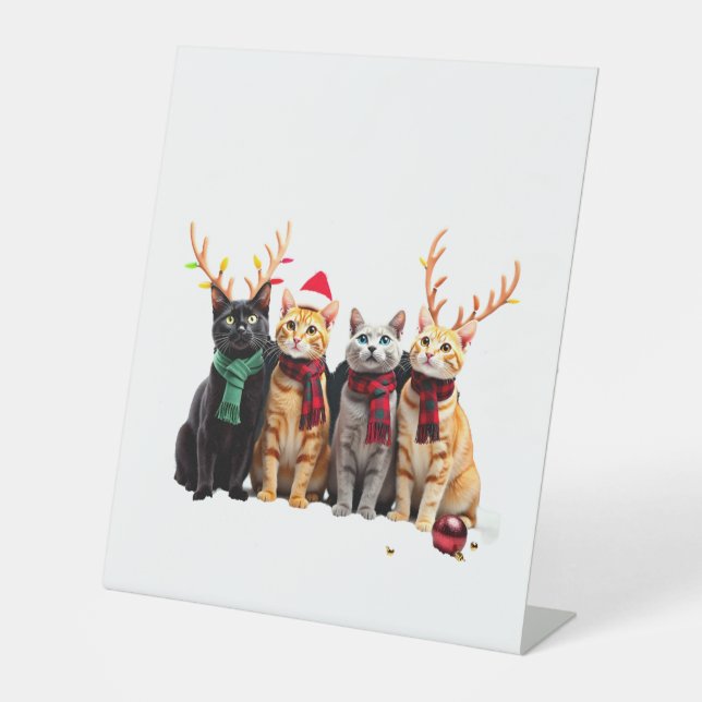 Cat Christmas Light Reindeer Santa Christmas Cat L Pedestal Sign (Front)