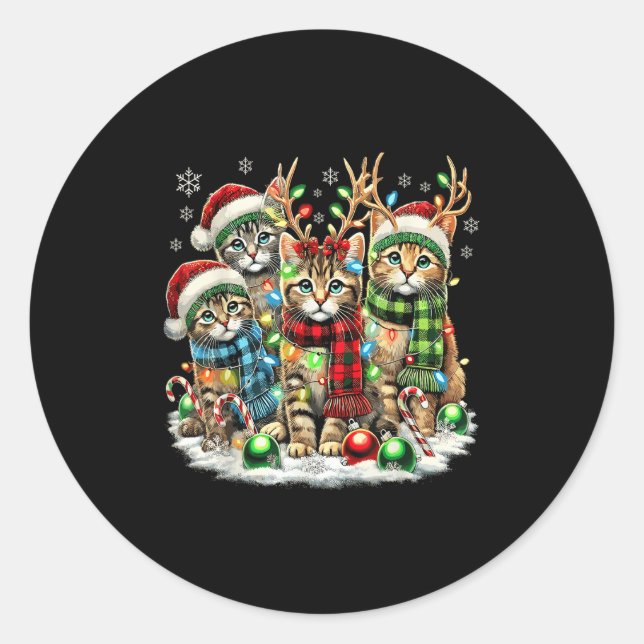 Cat Christmas Light Reindeer Santa Christmas Cats  Classic Round Sticker (Front)