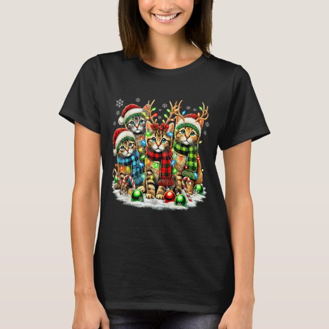 Cat Christmas Light Reindeer Santa Christmas Cats  T-Shirt (Front)