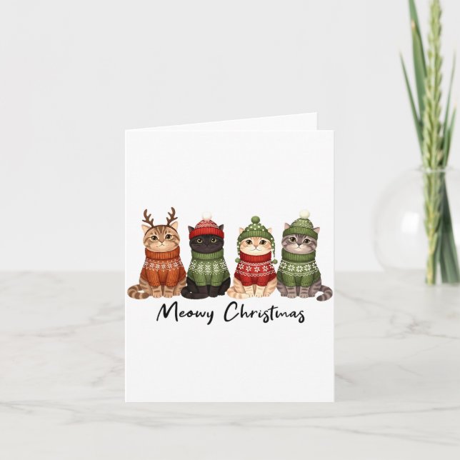 Cat Christmas Light Reindeer Santa Meowy Christmas Card (Front)