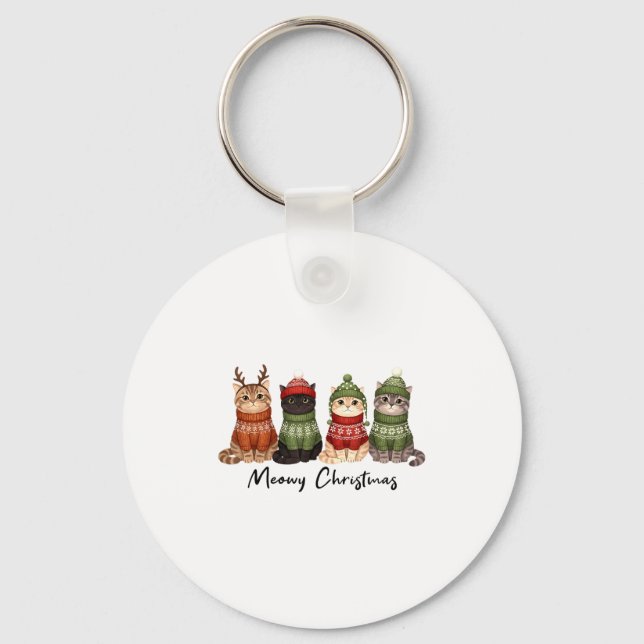 Cat Christmas Light Reindeer Santa Meowy Christmas Keychain (Front)