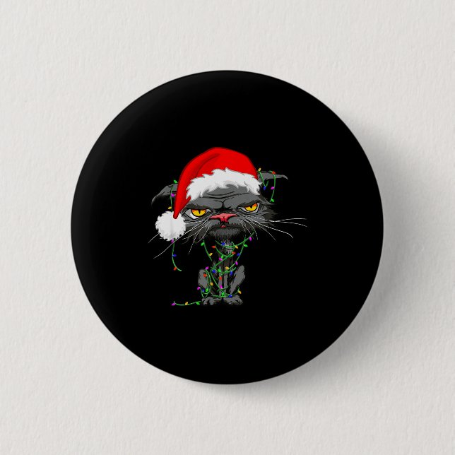 Cat Christmas Lights Bored Cat Santa Hat Funny Cat 2 Inch Round Button (Front)