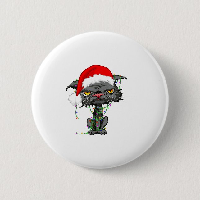 Cat Christmas Lights Bored Cat Santa Hat Funny Cat 2 Inch Round Button (Front)