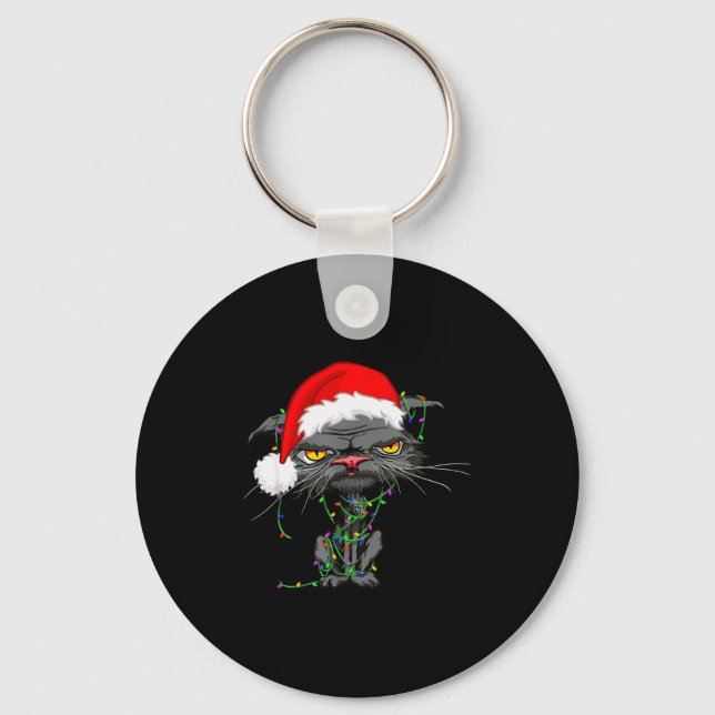Cat Christmas Lights Bored Cat Santa Hat Funny Cat Keychain (Front)