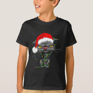 Cat Christmas Lights Bored Cat Santa Hat Funny Cat T-Shirt