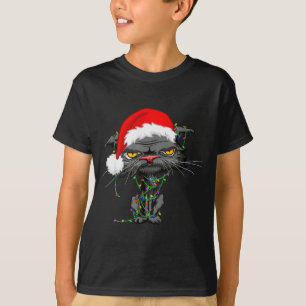 Cat Christmas Lights Bored Cat Santa Hat Funny Cat T-Shirt