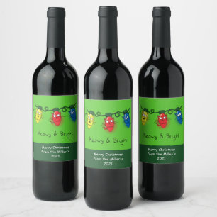 Cat Christmas Lights Funny Meowy and Bright Wine Label
