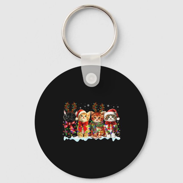 Cat Christmas Lights Reindeer Santa Cat Lover Xmas Keychain (Front)