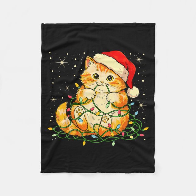 Cat Christmas Lights Santa Hat Xmas Cats Lover Pet Fleece Blanket (Front)