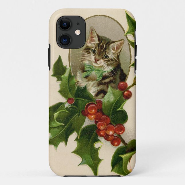 Cat Christmas Merry Holly Kitten Antique Art Case-Mate iPhone Case (Back)