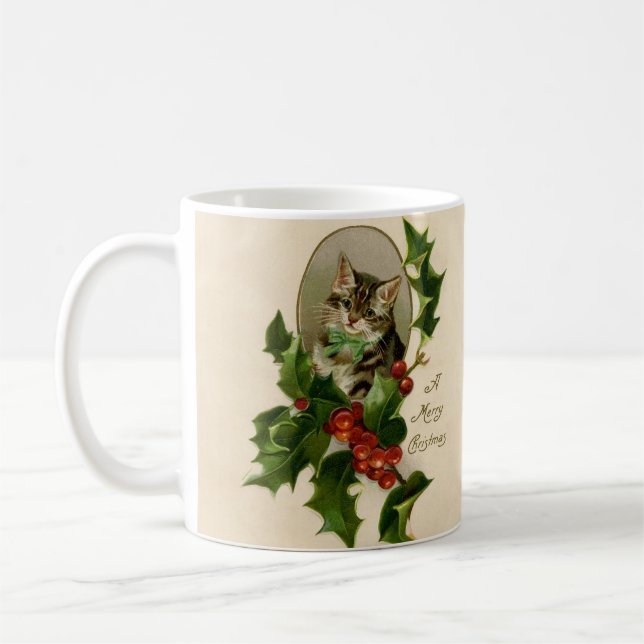 Cat Christmas Merry Holly Kitten Antique Art Coffee Mug (Left)