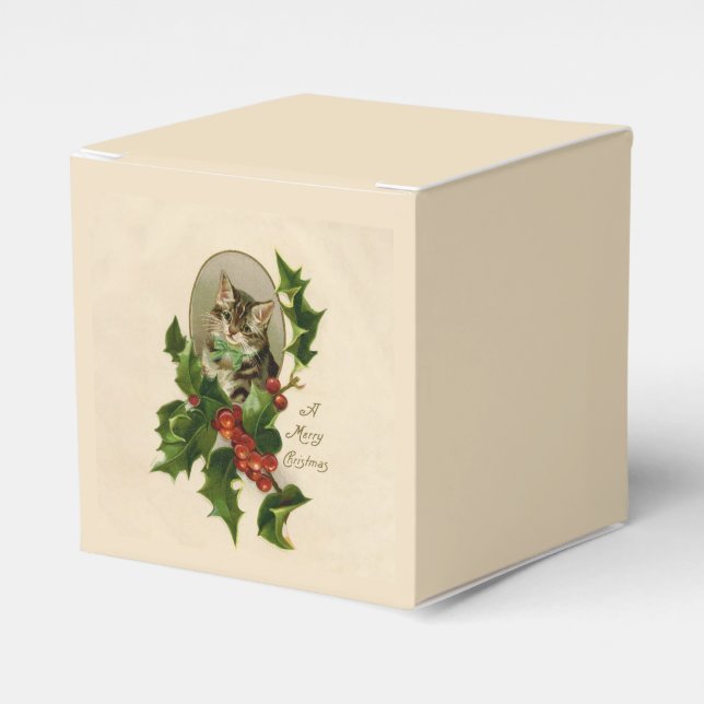 Cat Christmas Merry Holly Kitten Antique Art Favor Box (Front Side)