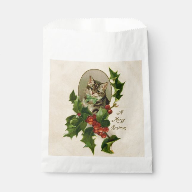 Cat Christmas Merry Holly Kitten Antique Art Favour Bag (Front)