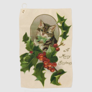Cat Christmas Merry Holly Kitten Antique Art Golf Towel