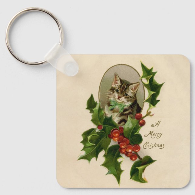 Cat Christmas Merry Holly Kitten Antique Art Keychain (Front)