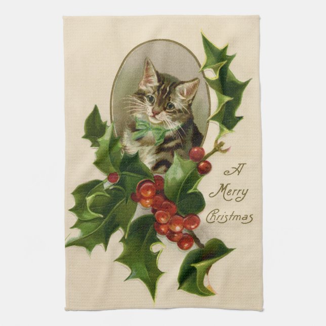 Cat Christmas Merry Holly Kitten Antique Art Kitchen Towel (Vertical)