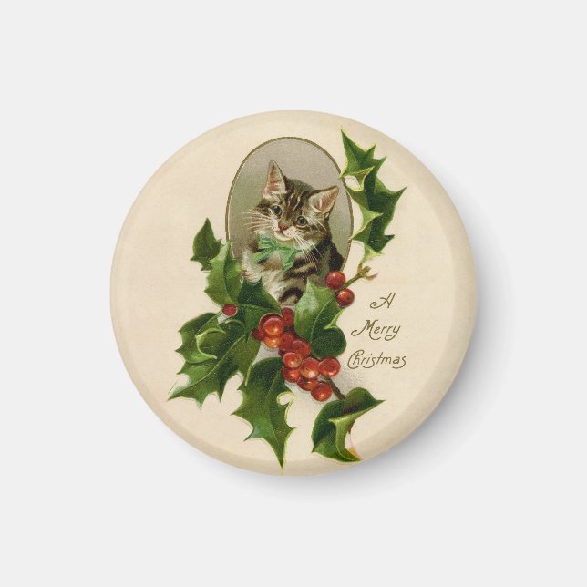 Cat Christmas Merry Holly Kitten Antique Art Magnet (Front)