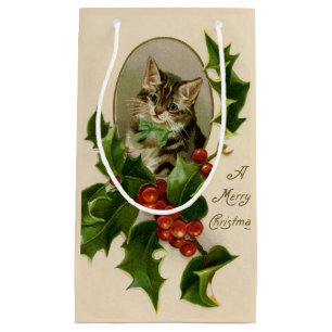 Cat Christmas Merry Holly Kitten Antique Art Small Gift Bag