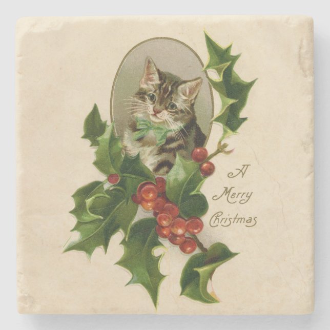 Cat Christmas Merry Holly Kitten Antique Art Stone Coaster (Front)