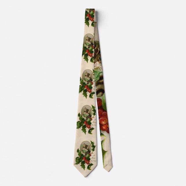 Cat Christmas Merry Holly Kitten Antique Art Tie (Front)