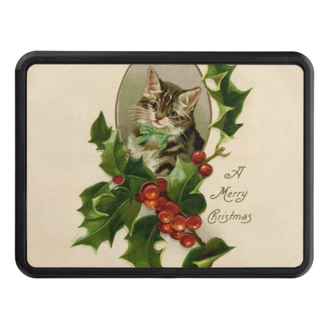 Cat Christmas Merry Holly Kitten Antique Art Trailer Hitch Cover (Front)