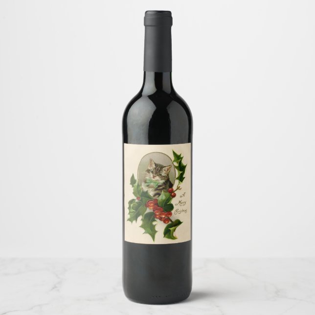 Cat Christmas Merry Holly Kitten Antique Art Wine Label (Front)