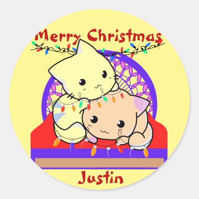 Cat christmas on bed, personalized name  classic round sticker (Front)