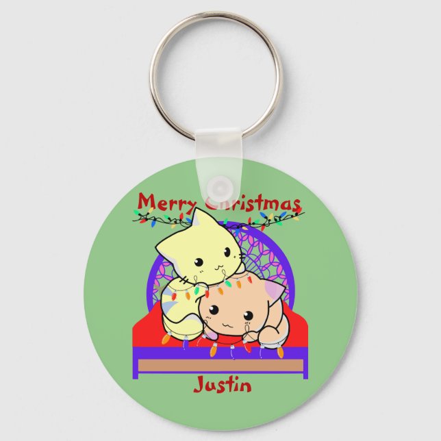 Cat christmas on bed, personalized name keychain (Front)