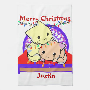 Cat christmas on bed, personalized name  kitchen towel