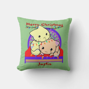 Cat christmas on bed, personalized name throw pillow
