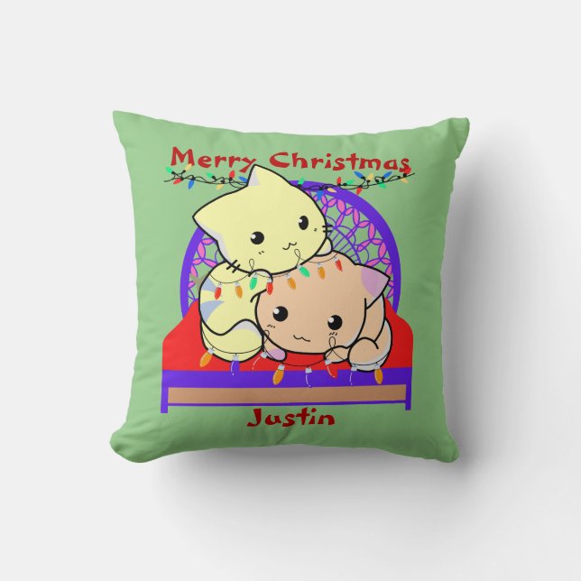 Cat christmas on bed, personalized name  throw pillow (Front)