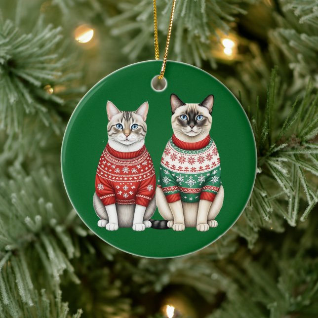 Cat Christmas Ornament, Tabby and Siamese Cats Ceramic Ornament (Tree)