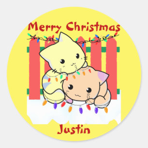 Cat christmas out door, personalized name  classic round sticker