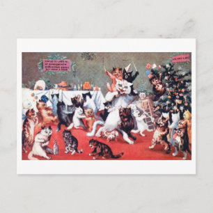 Cat Christmas Party with Kittens, Louis Wain Postc Postcard