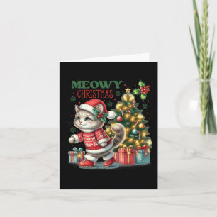 Cat Christmas Santa Hat And Tree Funny Meowy Cats  Card