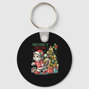 Cat Christmas Santa Hat And Tree Funny Meowy Cats Keychain