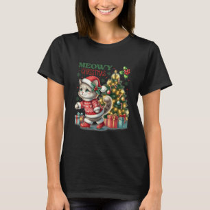 Cat Christmas Santa Hat And Tree Funny Meowy Cats T-Shirt