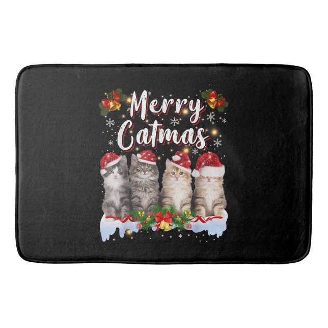 Cat Christmas Santa Hat Funny Merry Catmas Bath Mat (Front)