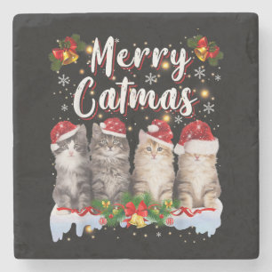 Cat Christmas Santa Hat Funny Merry Catmas Stone Coaster
