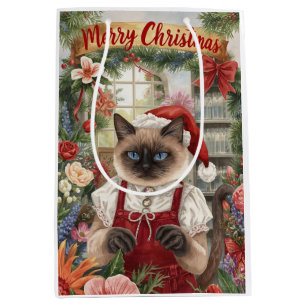 Cat Christmas themed by Siamese cat in florist  Medium Gift Bag