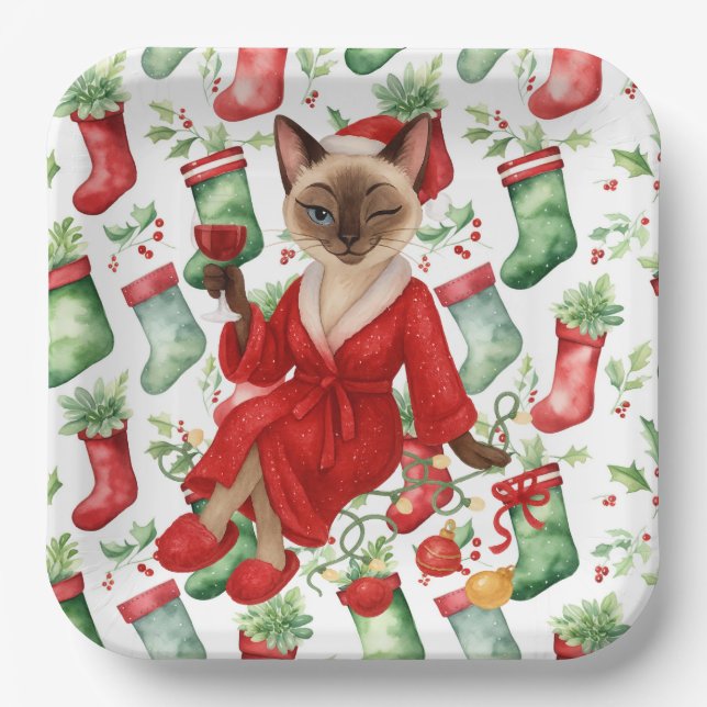 Cat Christmas themed for Siamese Cat Lovers Paper Plate (Front)