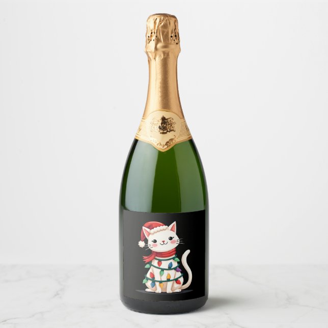 Cat Christmas Tree Christmas (1) Sparkling Wine Label (Front)