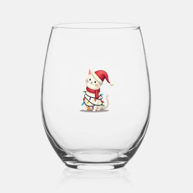 Cat Christmas Tree Christmas (2) Stemless Wine Glass (Front)