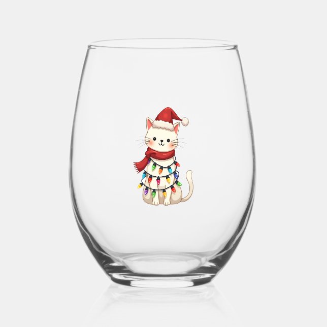 Cat Christmas Tree Christmas (3) Stemless Wine Glass (Front)