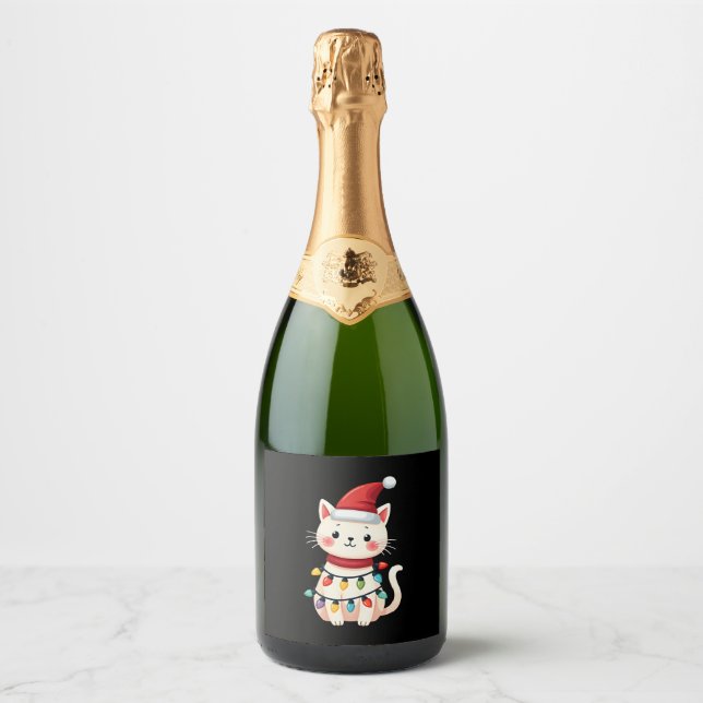 Cat Christmas Tree Christmas (4) Sparkling Wine Label (Front)